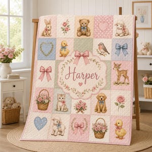 Couverture matelassée personnalisée pour bébé fille, motif animaux, couverture matelassée personnalisée avec prénom, patchwork cottagecore