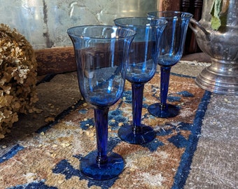 Set of 3 Cobalt Blue Wine or Water Glasses (7-1/2" tall)