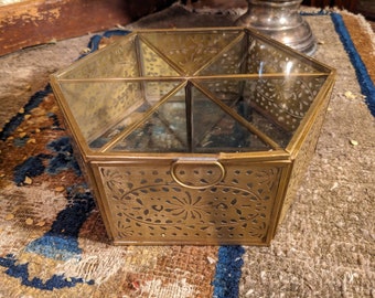 Vintage Brass and Glass Hexagon Shaped Jewelry Box