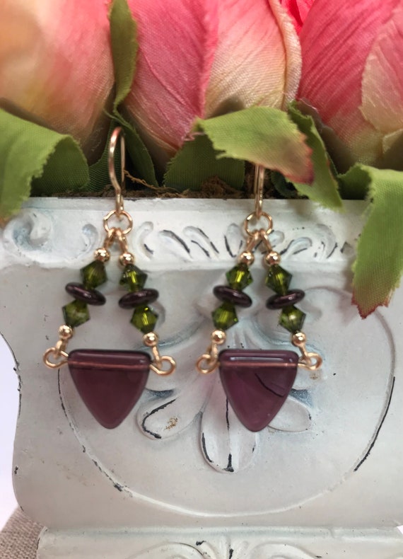 Art Deco Inspired Triangle Earrings Purple Earrings Green Etsy