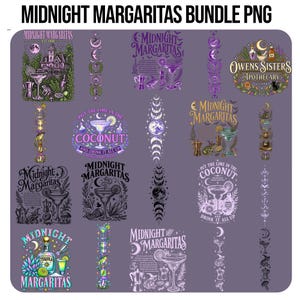 Könnte beinhalten: Ein digitales Bündel von Midnight Margaritas PNG-Designs mit Illustrationen von Margaritas, Monden, Fröschen und Apothekerartikeln. Die Grafiken enthalten Texte wie Midnight Margaritas, Owens Sisters Apothecary und Put the Lime in the Coconut.
