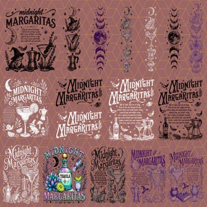Puede incluir: Una colección de ilustraciones digitales con el texto Midnight Margaritas, ranas con sombreros de bruja, copas de cóctel, cafeteras, fases lunares y elementos botánicos, presentados en varios esquemas de colores monocromáticos.
