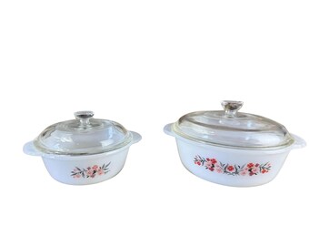 Vintage Fire-King Lusterware Floral Casserole Dishes with Glass Lids – Rare Reversed Stamp – 1960s-1970s