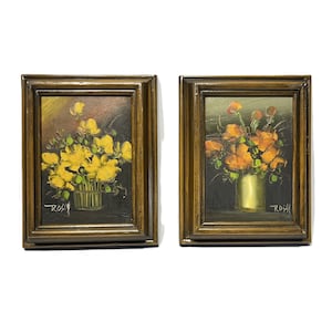 Natures mortes florales Mid-Century par Rossy | Paire de natures mortes florales vintage Rossy - Fleurs jaunes et orange texturées