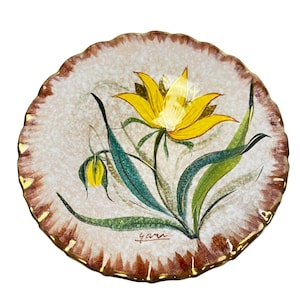 Vintage Hand-Painted Ceramic Plate with Yellow Flower Design by Yari, Made in Italy