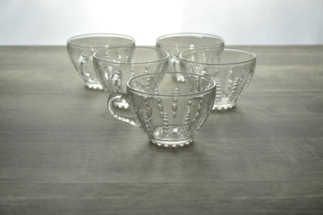 Vintage Clear Glass Teacups, Set of 5, Depression Glass Style, Beaded ...