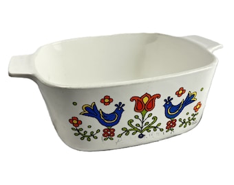 Vintage Corning Ware Friendship Casserole Dish - 1 1/2 Quart - 1970s Folk Art Design