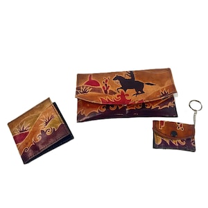 Vintage Leder-Kupplung, Brieftasche und Schlüsselbund im Set - Handgefertigt, Southwestern Design, 1991, MTC