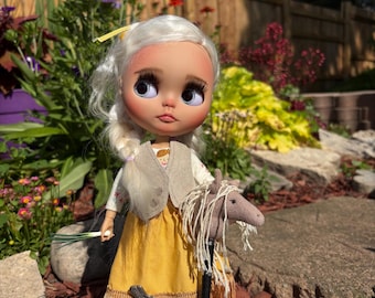 Custom Blythe Art Doll, Blond Angora Reroot Hair, Cottagecore Style, OOAK Collectible