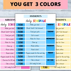 3 COLORS BUNDLE Daily Schedule Template Editable PDF , Chore Chart, Pink chart, blue chore chart, yellow chore chart, Routine Printable char