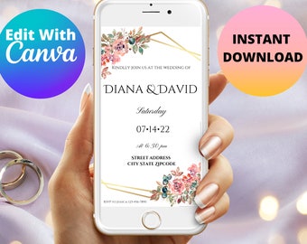 Könnte beinhalten: Eine digitale Hochzeitseinladung auf dem Bildschirm eines Smartphones mit einem goldenen geometrischen Rahmen und einem floralen Design. Die Einladung lautet "Kindly join us at the wedding of Diana & David, Saturday, 07-14-22, at 6:30 pm, STREET ADDRESS, CITY STATE ZIPCODE, RSVP to Jessica 123-456-7890".