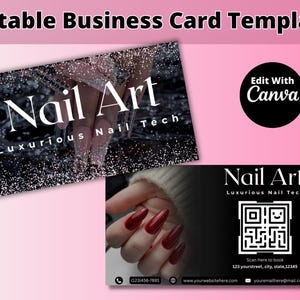 Plantilla de tarjeta de presentación editable en negro elegante para belleza, uñas, pestañas, cabello, esteticistas y cosmetología / Tarjetas de presentación Canva con código QR