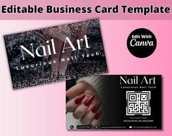 SLEEK BLACK Editable Beauty Business Card Template for Nail, Lash, Hair, Esthetician & Cosmetology | Canva Business Cards with QR Code