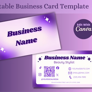 May include: A business card template with a purple and white gradient background. The card features the text "Business Name" in a bold, purple font. Additional text includes "Beauty Stylist" and contact information.