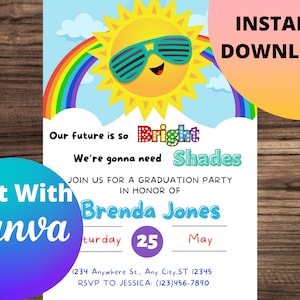 Nuestro futuro es tan brillante Invitación de graduación de jardín de infantes, Invitación a la ceremonia de graduación de preescolar, colorida, PLANTILLA EDITABLE IMPRIMIBLE