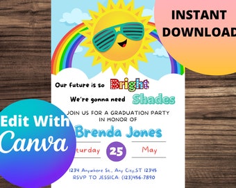 Our Future is so Bright Kindergarten Graduation Invitation, Preschool Pre K Graduation Ceremony Invite, Colorful,PRINTABLE EDITABLE TEMPLATE