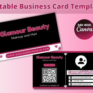 Plantilla de tarjeta de presentación editable de belleza en negro lujoso para uñas, pestañas, cabello, esteticistas y cosmetología / Tarjetas de presentación Canva con código QR