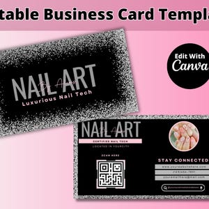 Plantilla de tarjeta de presentación editable en plata y negro para belleza, uñas, pestañas, cabello, estética y cosmetología / Tarjetas de presentación Canva con código QR