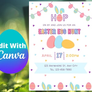 Easter Egg Hunt Invitation – Printable Easter Invite with Bunny, Church Invitation for Kids Easter Sunday Egg Hunt, Easter Flyer & Printable