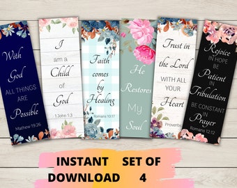 PRINTABLE CHRISTIAN BOOK marks set of 6, Instant Download Bookmarks, Floral Bible Verse Bookmarks, Bible verse Bookmarks,  Christianity