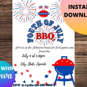 4th of July BBQ Invitation, Independence Day, July 4th, Patriotic , fourth of july, Editable Template, fourth of july invitation, America,