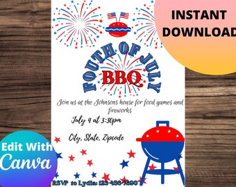 4th of July BBQ Invitation, Independence Day, July 4th, Patriotic , fourth of july, Editable Template, fourth of july invitation, America,
