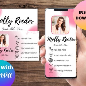 Cartão de visita digital e pacote de cartão de visita, rosa, marketing imobiliário, cartão de visita imobiliário moderno, empreendedor, modelo Canva