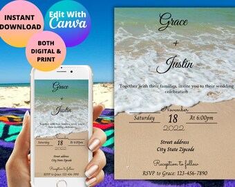 May include: A digital wedding invitation with a beach background. The invitation reads "Grace + Justin" and includes the date and time of the wedding: Saturday, November 18, 2022 at 6:00pm. The invitation also includes the address and RSVP information.