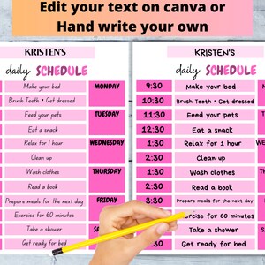 PINK DAILY SCHEDULE, Editable, Pdf, Printable, Chore Chart, Schedule ...