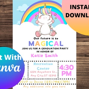 Girls Unicorn Kindergarten Graduation Invitation, Preschool Pre K Graduation Ceremony Invite, Colorful, kids,PRINTABLE EDITABLE TEMPLATE