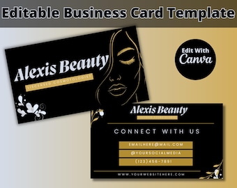Black Blue and Gold Editable Beauty Business Card Template for Nail, Lash, Hair, Esthetician & Cosmetology | Canva Business Cards