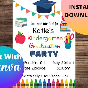 Kindergarten Graduation Invitation, Preschool Pre K Graduation Ceremony Invite, Colorful, kids, your invited to, PRINTABLE EDITABLE TEMPLATE
