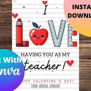 I Love Having You as My Teacher Valentine&#39;s Day Card, preschool valentines, teacher appreciation, canva  template