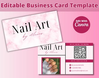 PINK MARBLED Editable Beauty Business Card Template for Nail, Lash, Hair, Esthetician & Cosmetology | Canva Business Cards with QR Code