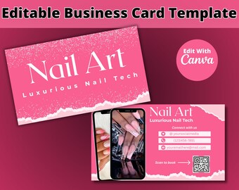HOT PINK Editable Beauty Business Card Template for Nail, Lash, Hair, Esthetician & Cosmetology | Canva Business Cards with QR Code