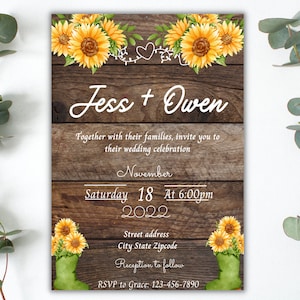 SUNFLOWER WEDDING INVITATION template, Rustic Sunflower wedding, country wedding, southern wedding, printable card invite, yellow wedding