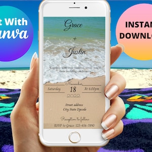 BEACH WEDDING INVITATION,  digital wedding invitation,  Beach Wedding Invitation Template, Electronic Wedding Invitation Template, Editable
