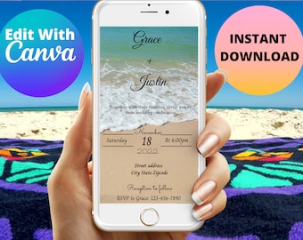 May include: A digital wedding invitation with a beach theme. The invitation features a photo of a beach with waves crashing on the shore. The text on the invitation reads "Grace + Justin" and includes the date and time of the wedding. The invitation also includes the text "Together with their families, invite you to their wedding celebration." and "RSVP to Grace: 123-456-7890".