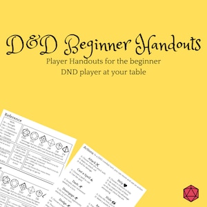 Puede incluir: Un fondo amarillo con el texto "D&D Beginner Handouts" y "Player Handouts for the beginner DND player at your table." La imagen incluye hojas de referencia con instrucciones del juego y un icono de dado rojo.