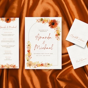 Forfait mariage sur le thème de l’automne | Menu de mariage d’automne, panneau de bienvenue, cartes de place de siège | MODÈLES CANVA