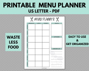 Printable Weekly Meal Planner | Fillable Meal Planner PDF | Food Tracker | Meal Planner and Grocery List | Meal Organizer Digital Download |
