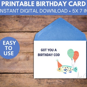 Carte d'anniversaire drôle imprimable avec un poisson ~ morue joyeux anniversaire ~ carte Punny ~ carte d'anniversaire humoristique ~ carte de téléchargement numérique instantané