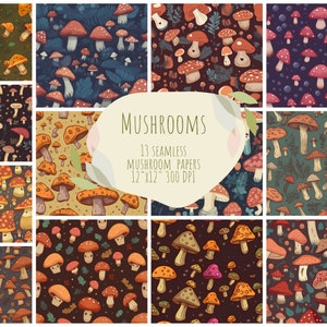 13 Mushrooms Patterns Digital Papers, Mushrooms Digital Paper Pack, Repeatable Pattern, Instant Download