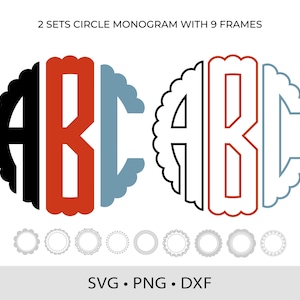Kreis ausgebogtes Monogramm SVG DXF PNG Runde Jakobsmuschel Buchstaben Split Alphabet Schnittdateien für Cricut Monogramm Rahmen