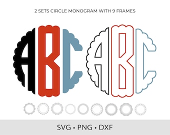 Scalloped Circle Monogram SVG PNG: Split Alphabet Cut Files (Digital Download)