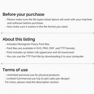 May include: Text on a white background with the heading "Before your purchase", "About this listing", and "Terms of use".  Each heading has a list of bullet points describing the product and its use.