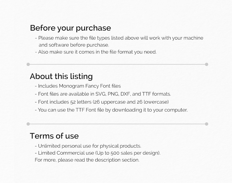 May include: Text on a white background with the heading "Before your purchase", "About this listing", and "Terms of use".  Each heading has a list of bullet points describing the product and its use.
