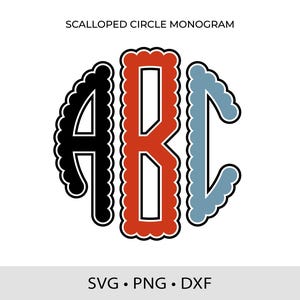 Scalloped Circle Monogram SVG DXF PNG Round Scallop Letters Split Alphabet Cut Files for Cricut Monogram Frame