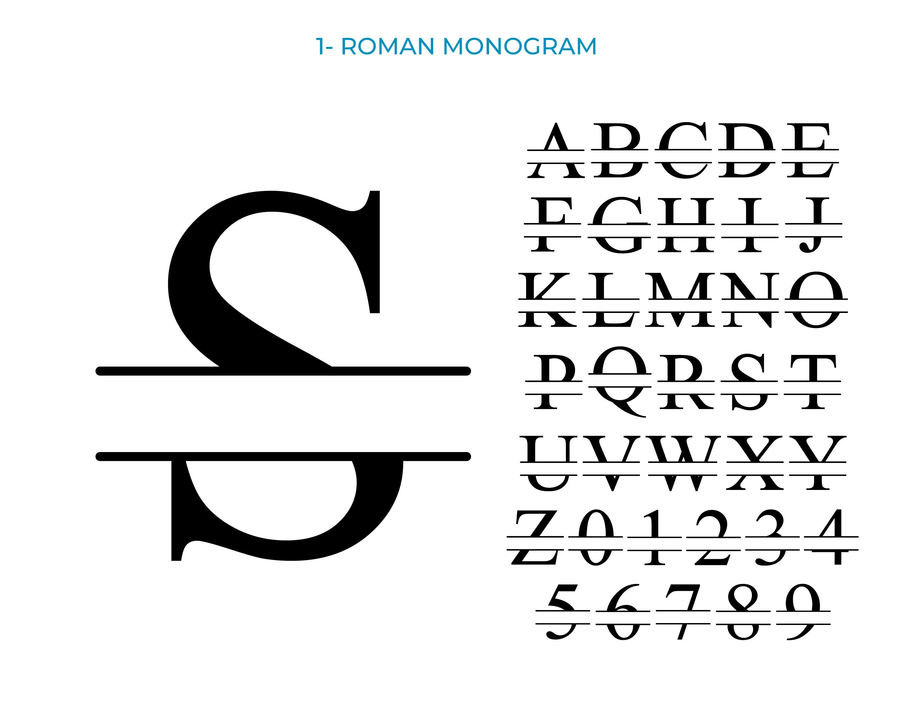 Monograma Romen Monogram Split Alphabet SVG Bundle: Roman, Varsity, Script, Wreath ...