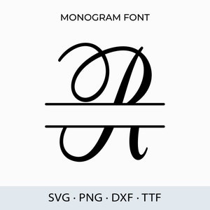 Op de afbeelding: Een monogram-lettertypeontwerp met de letter "R" in een cursieve schriftstijl met een horizontale lijn die het bovenste en onderste deel van de letter scheidt. De tekst "MONOGARM FONT" verschijnt boven de letter en "SVG. PNG. DXF. TTF" verschijnt onder de letter.